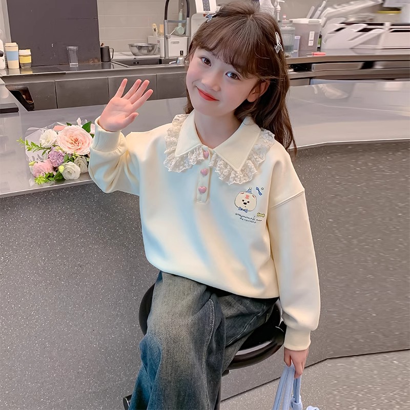 新2025新款polo领花边领上衣棉长袖中大女童春秋装秋款洋气儿童