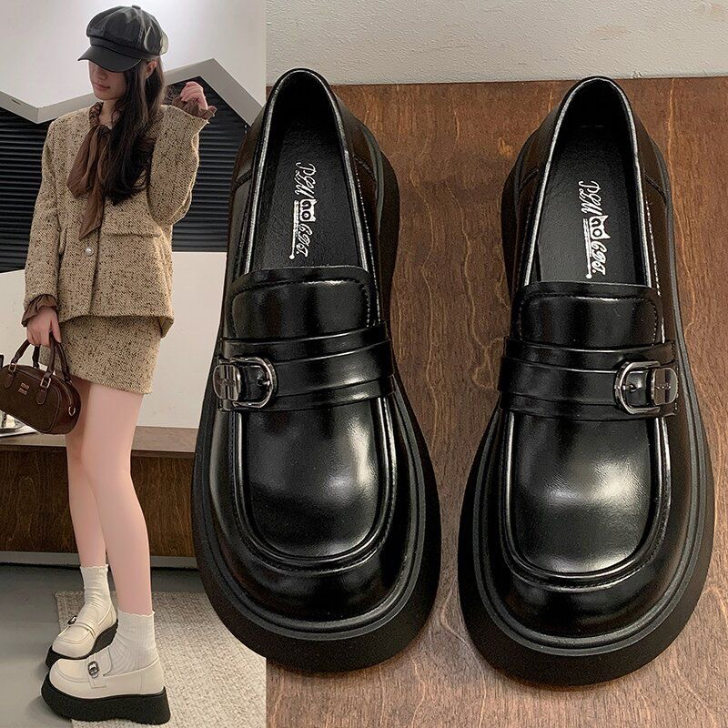 软皮圆头小皮鞋女2025春夏新款学院风厚底单鞋乐福鞋女配裙子5216