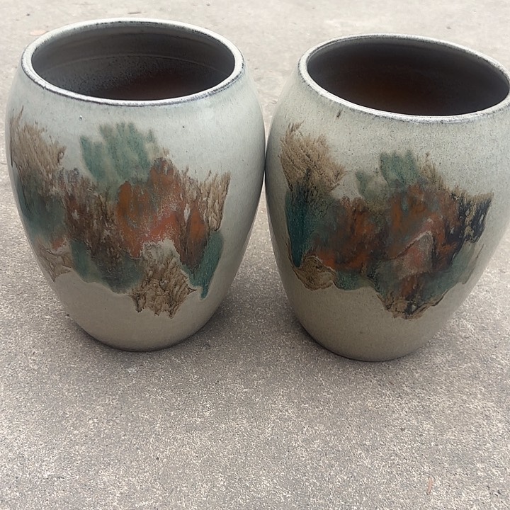 紫砂茶碗油画两个口径14高度20