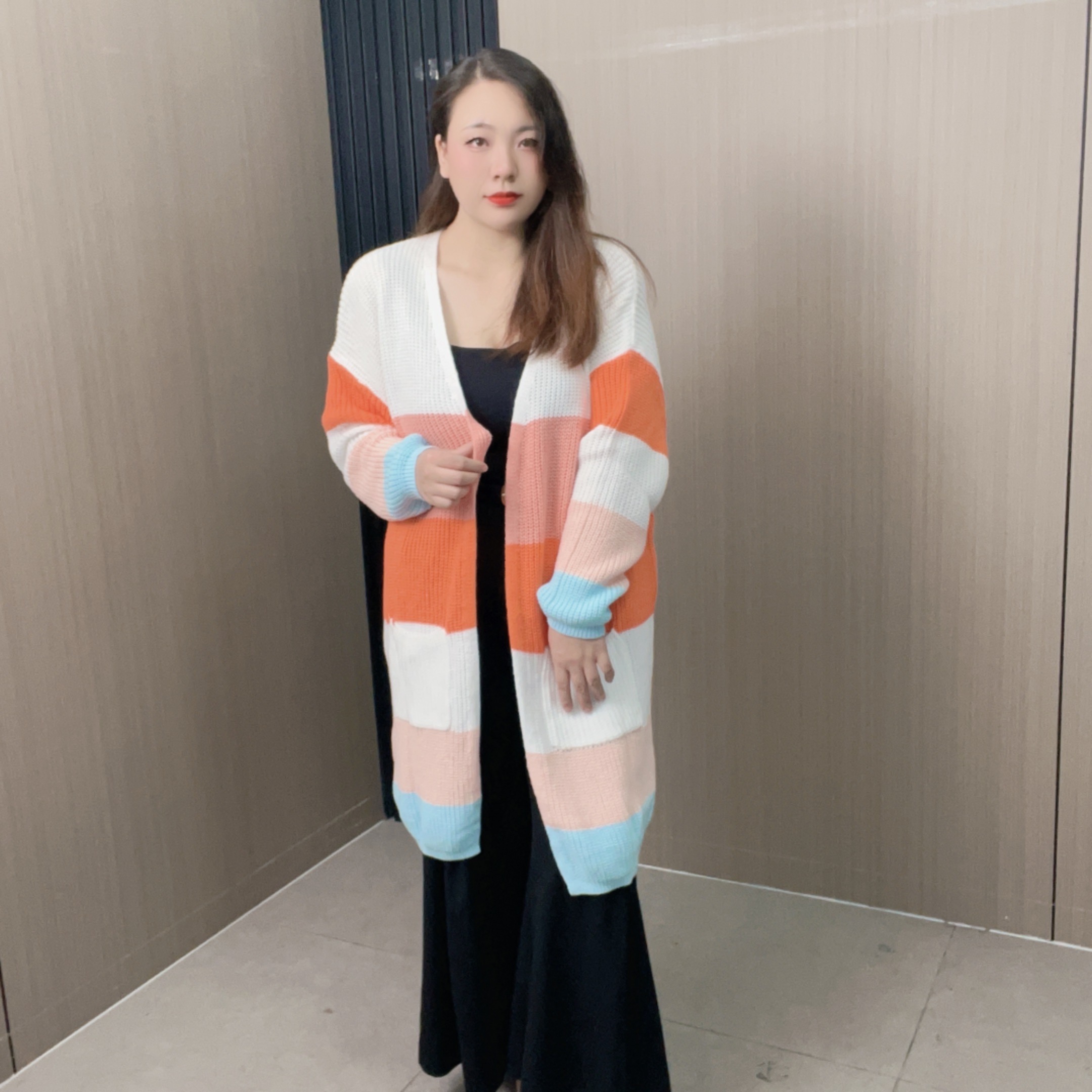 最新【乔姐3309】彩虹拼色中长款毛针织衫慵懒风