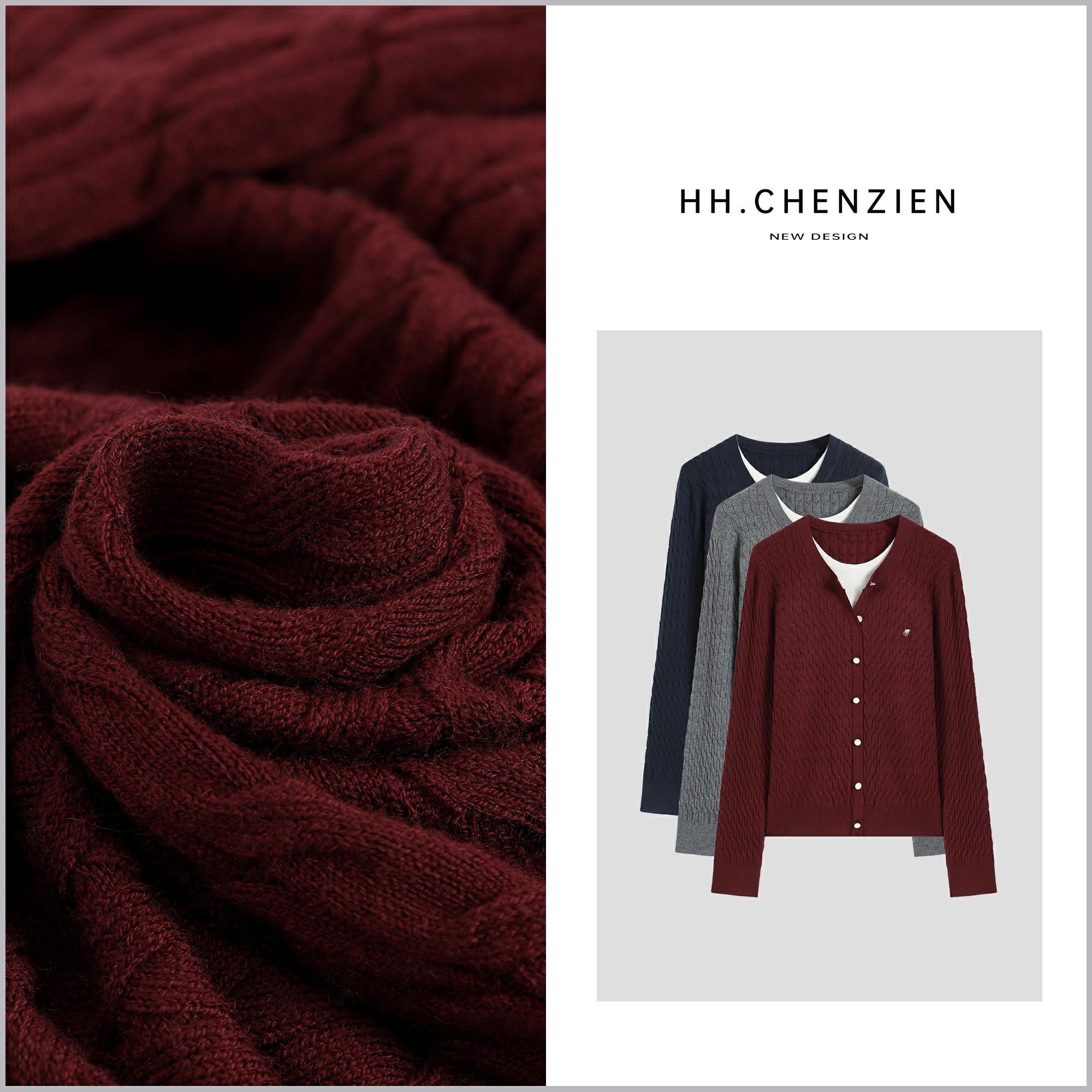 【我是露露】冬季女款新款圆领假两件拼接设计单排扣针织衫上衣