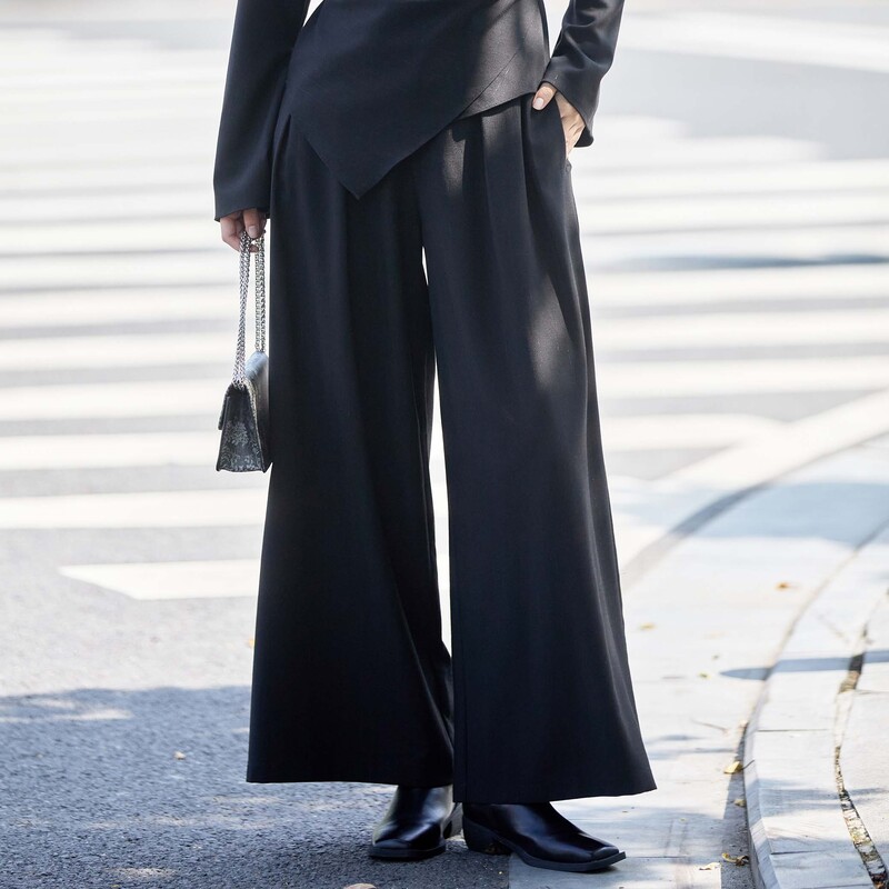 sdeer圣迪奥女装OL风高腰压褶暗条纹阔腿长裤S24380806