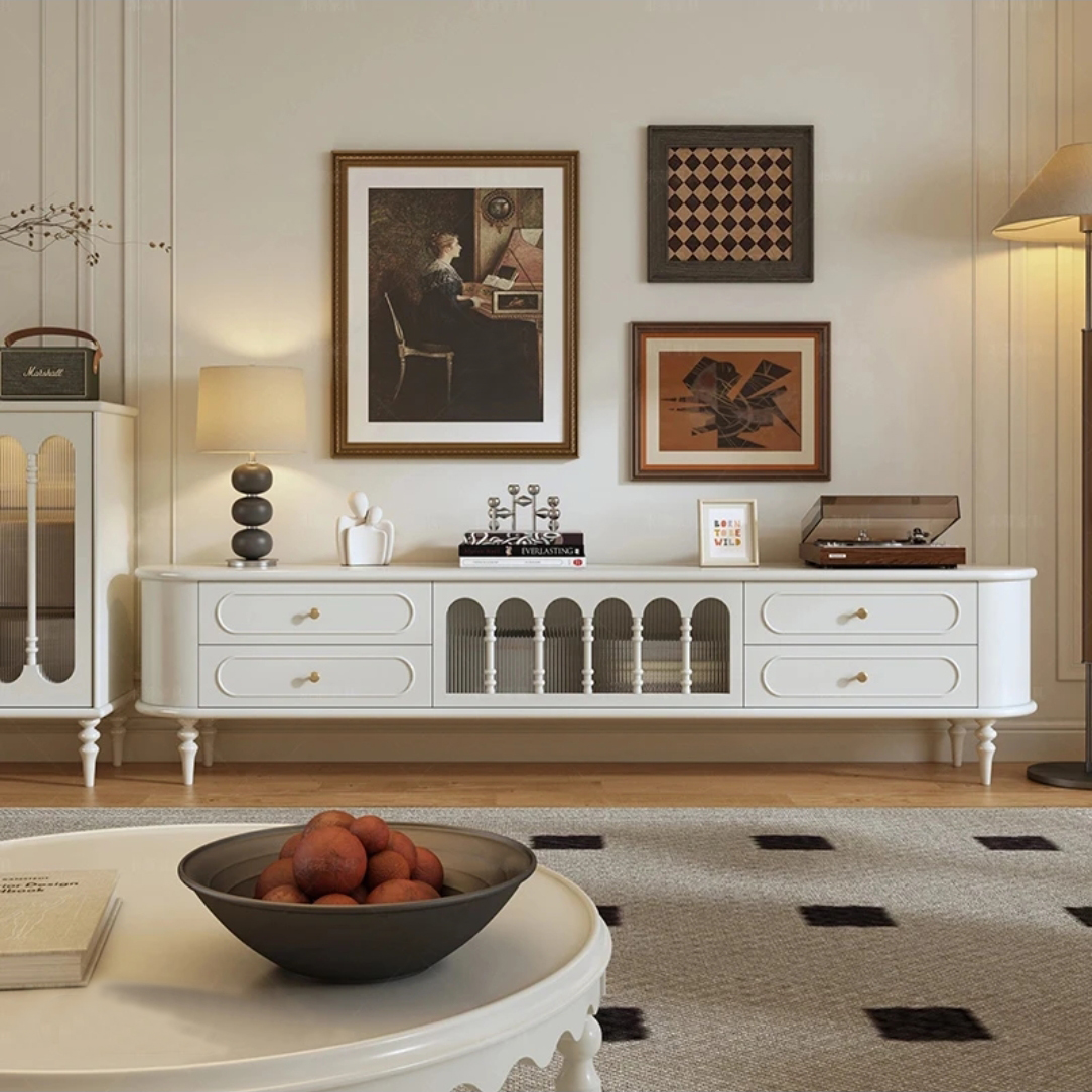 法式实木电视柜家用奶油风法式象牙白电视机柜储物柜一体