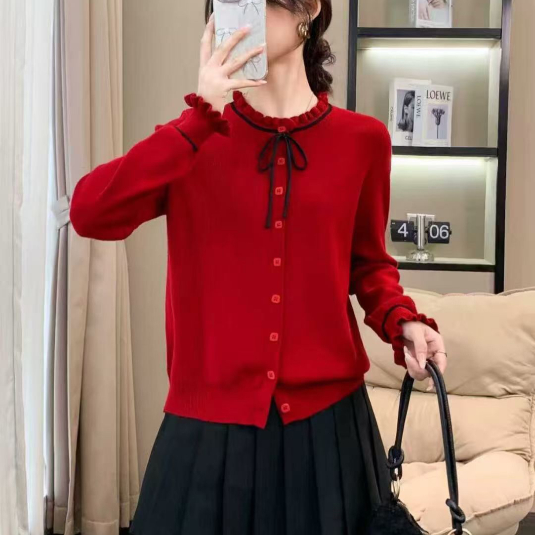 蝴蝶结装饰轻奢风秋冬新款针织开衫女时尚洋气上衣