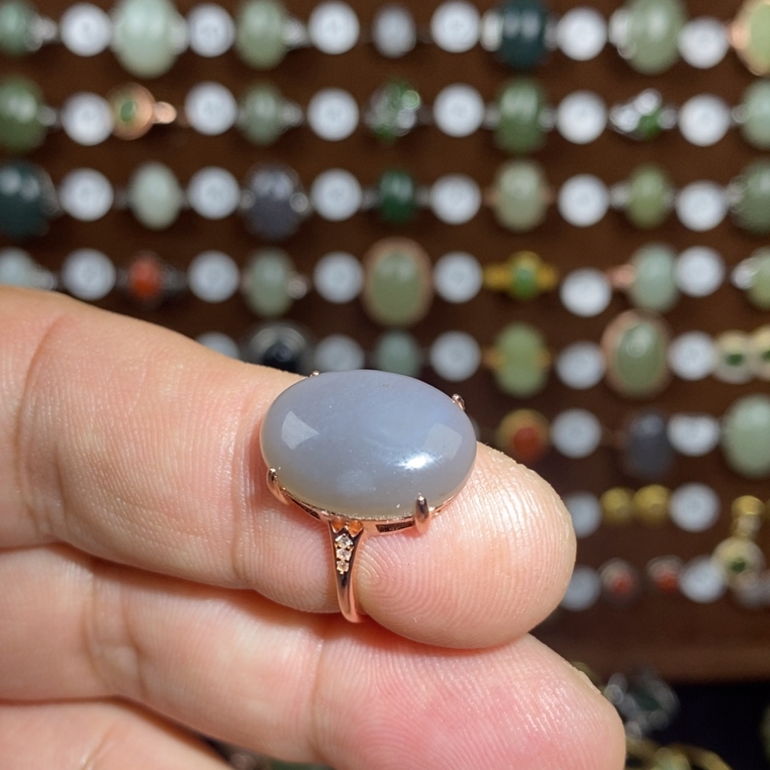 和田玉（青白玉）戒指银S925镀金镶嵌