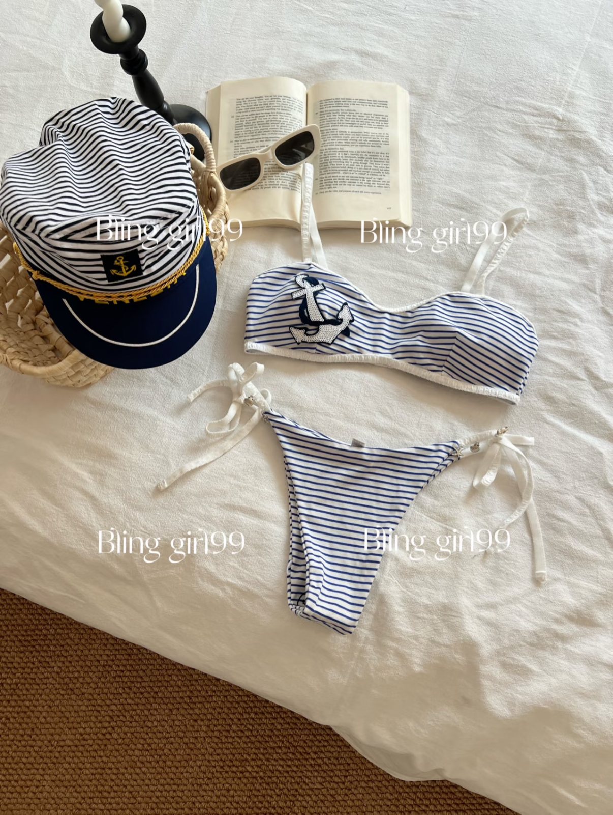 【海盗船长】条纹比基尼沙滩性感辣妹分体绑带海岛度假泳衣女小众