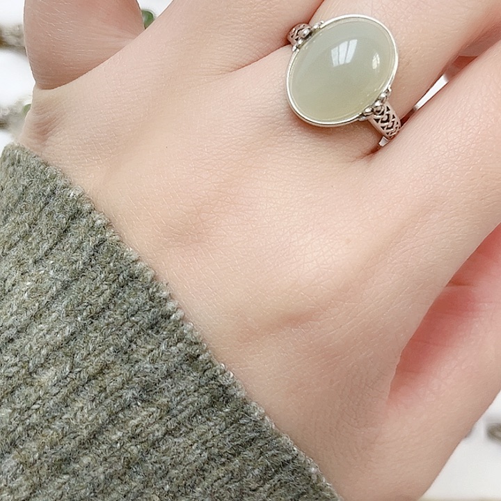 和田玉戒指银S925镶嵌天然