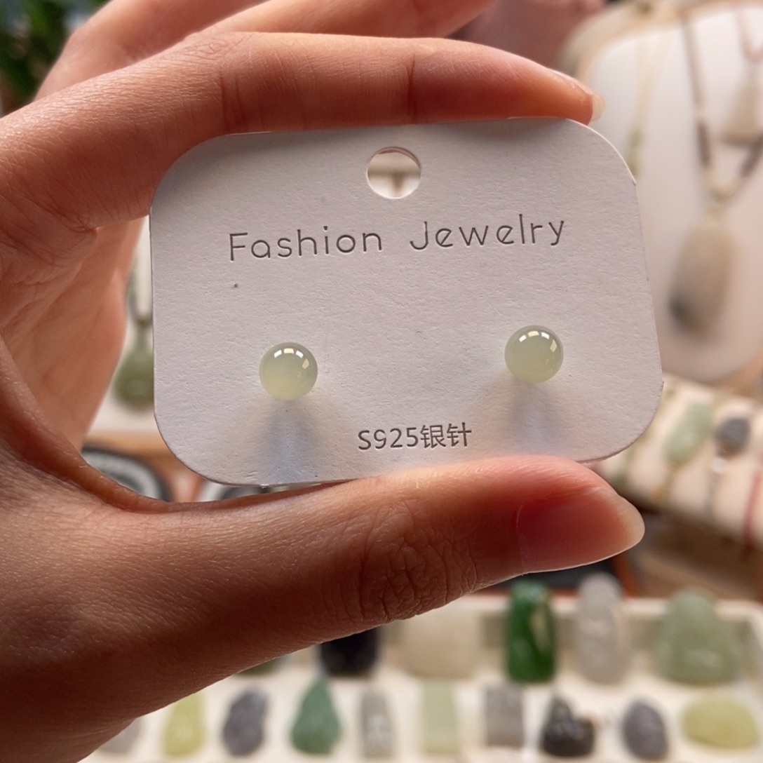 和田玉银S925镶嵌耳饰卡六