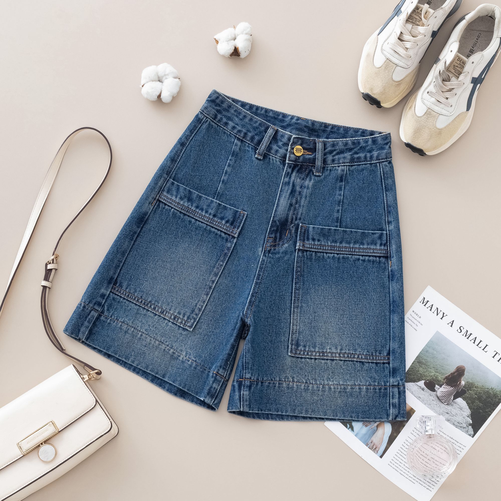 纯色牛仔短裤韩版夏季薄款高腰热裤休闲百搭athflow风Y3K