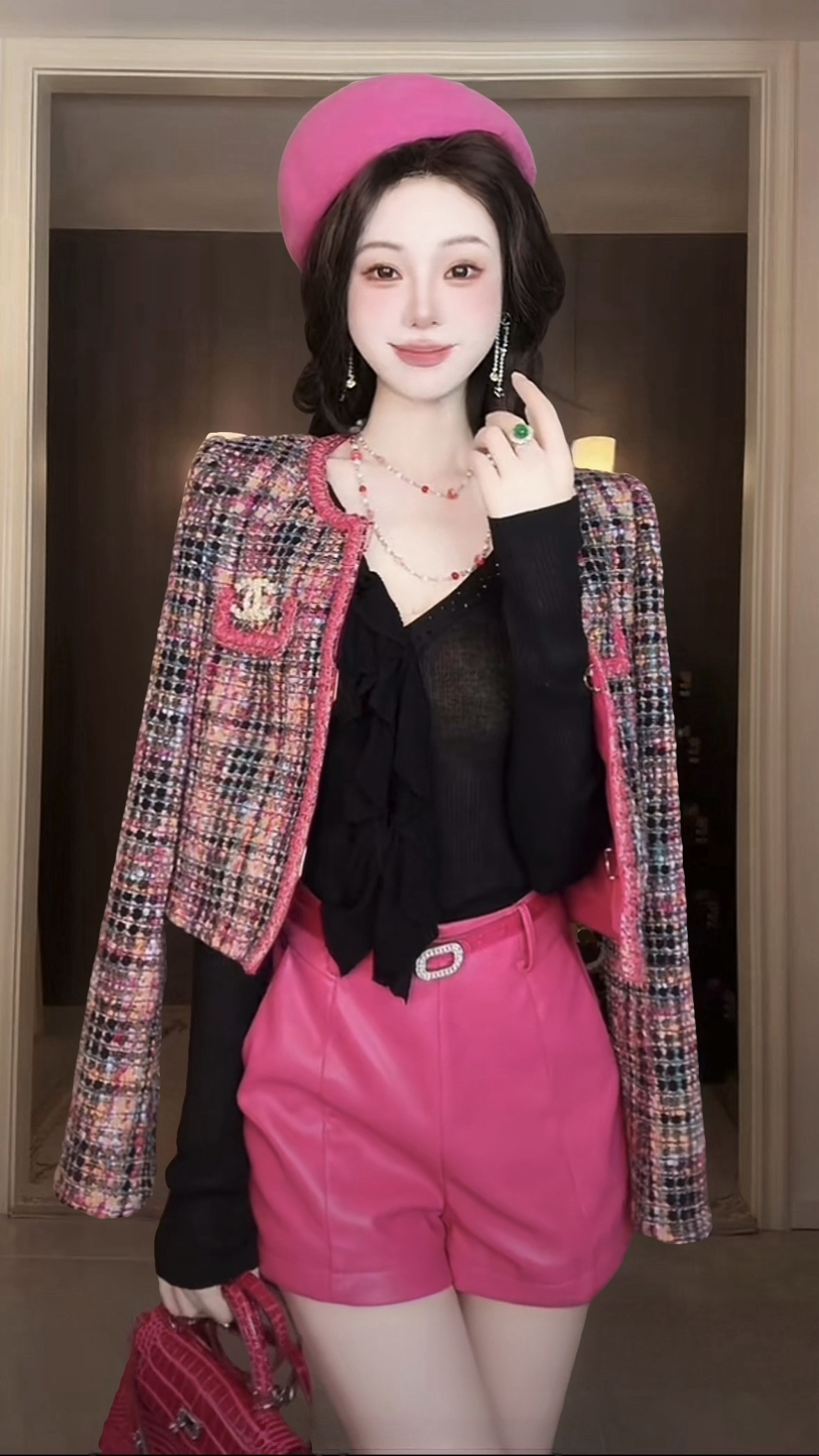 【雅乔定制】玫红色PU皮短裤女时尚洋气配腰带DYZY-25087745