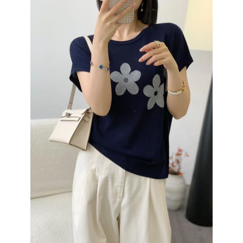 真姐薄款提花套头夏季圆领镂空衫休闲风蓝色针织衫打底衫时尚百搭