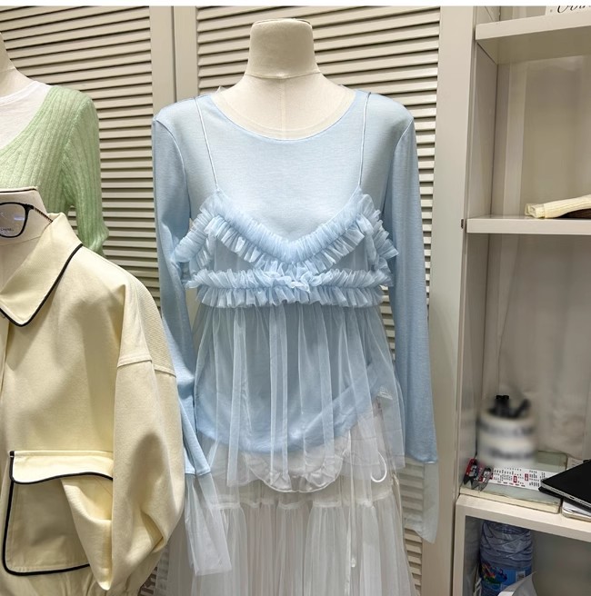 F清仓-春季打底衫T恤上衣外搭木耳边网纱吊带背心两件套装女