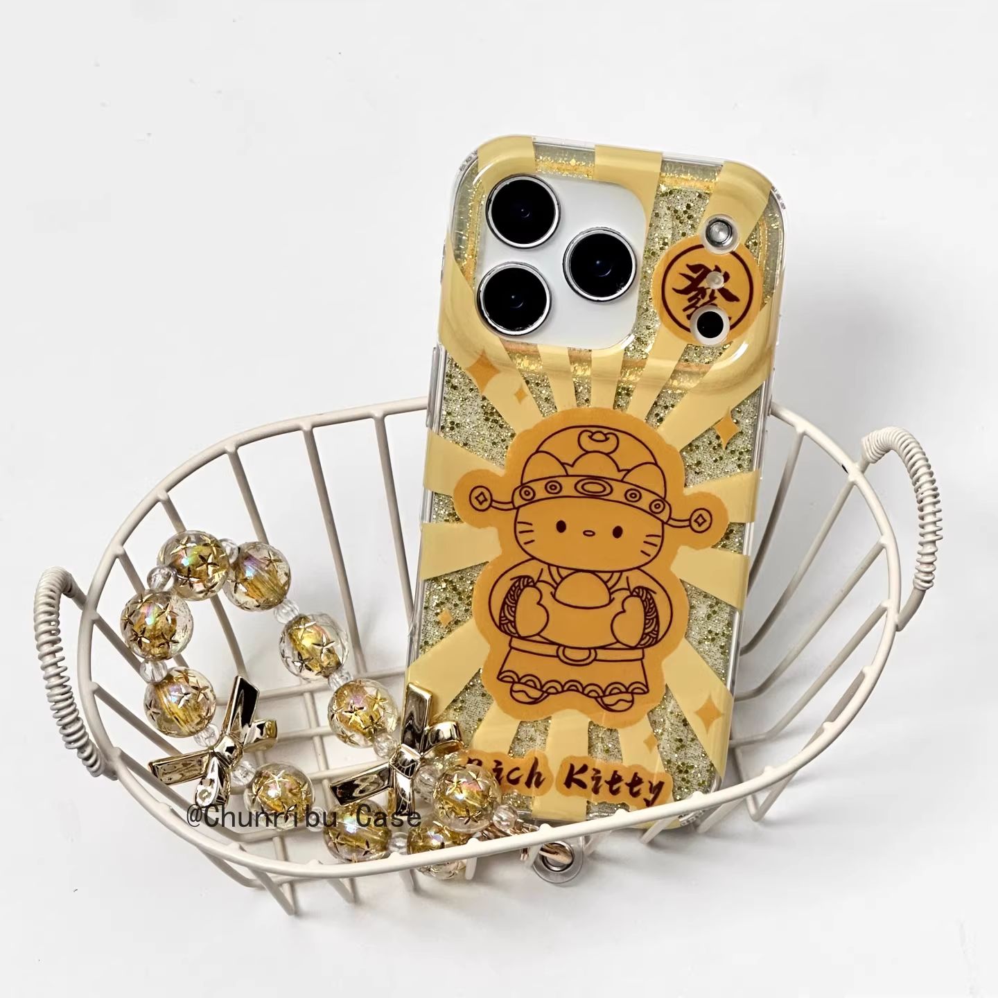 卡通金光闪闪发财元宝kitty适用苹果17/16promax挂绳手机壳15/14