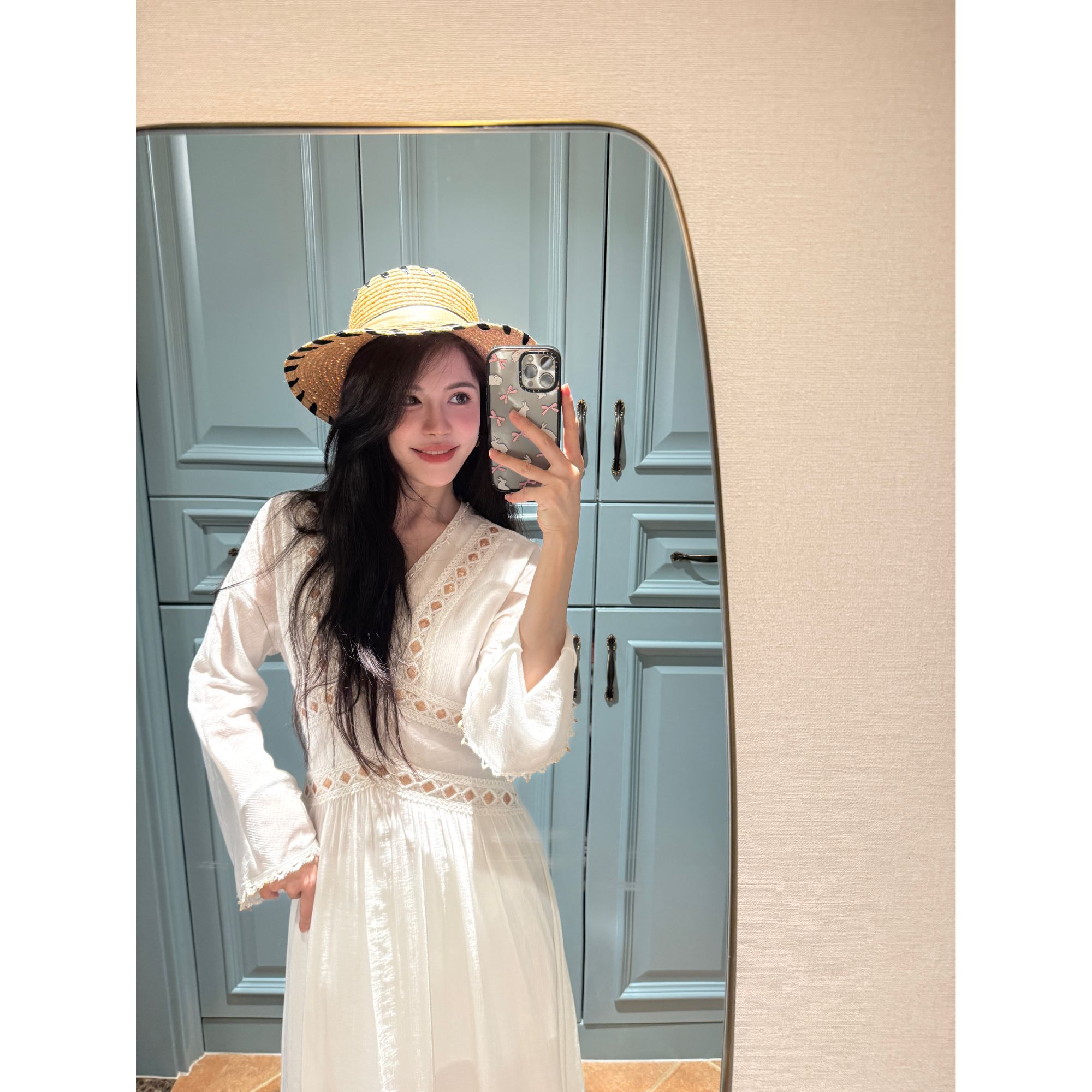 LLUJ璐璐【波西米亚】喇叭袖白色连衣裙女2025秋季新款波西米亚风