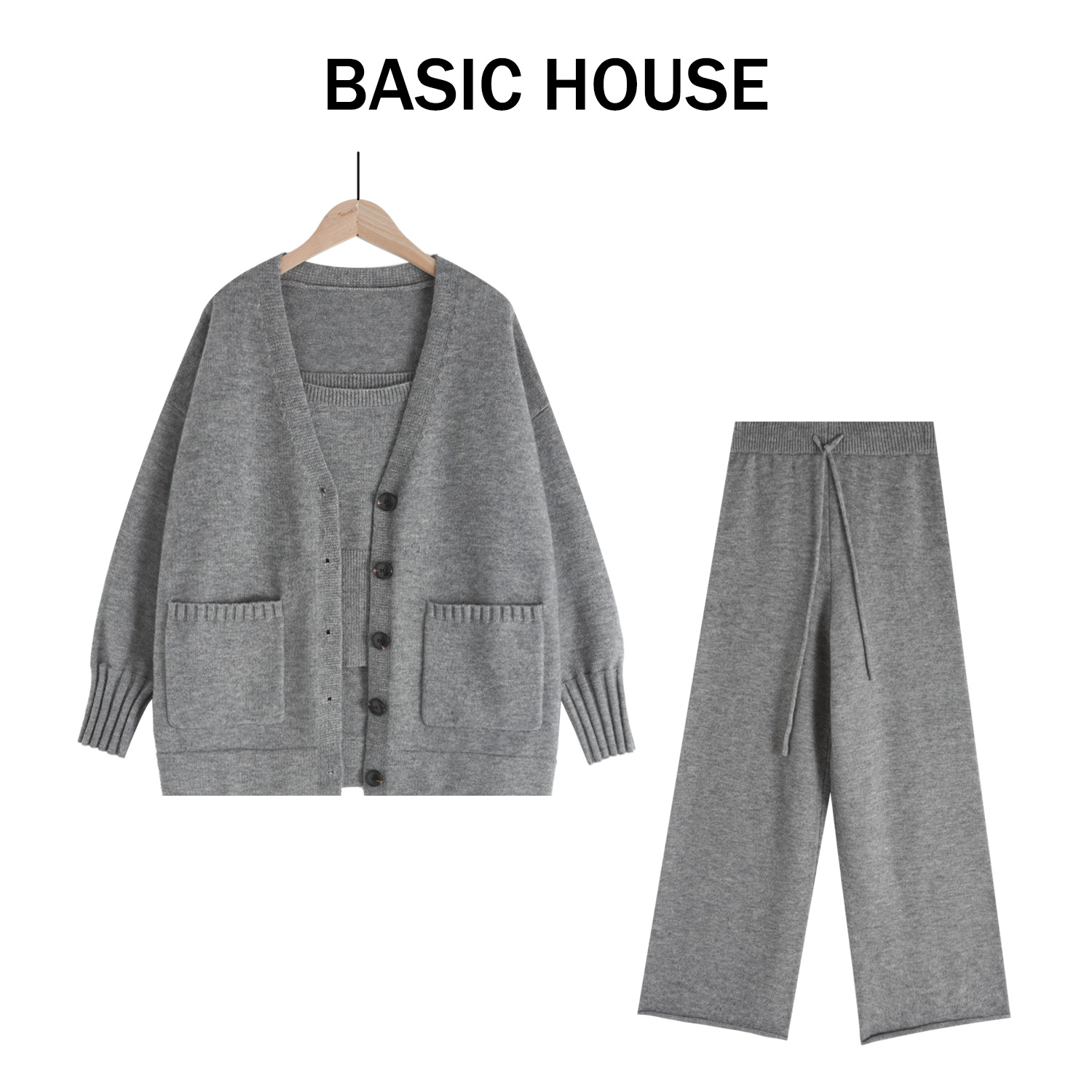 Basic House/百家好秋冬穿搭灰色套装气质女装针织套装两件套0H42