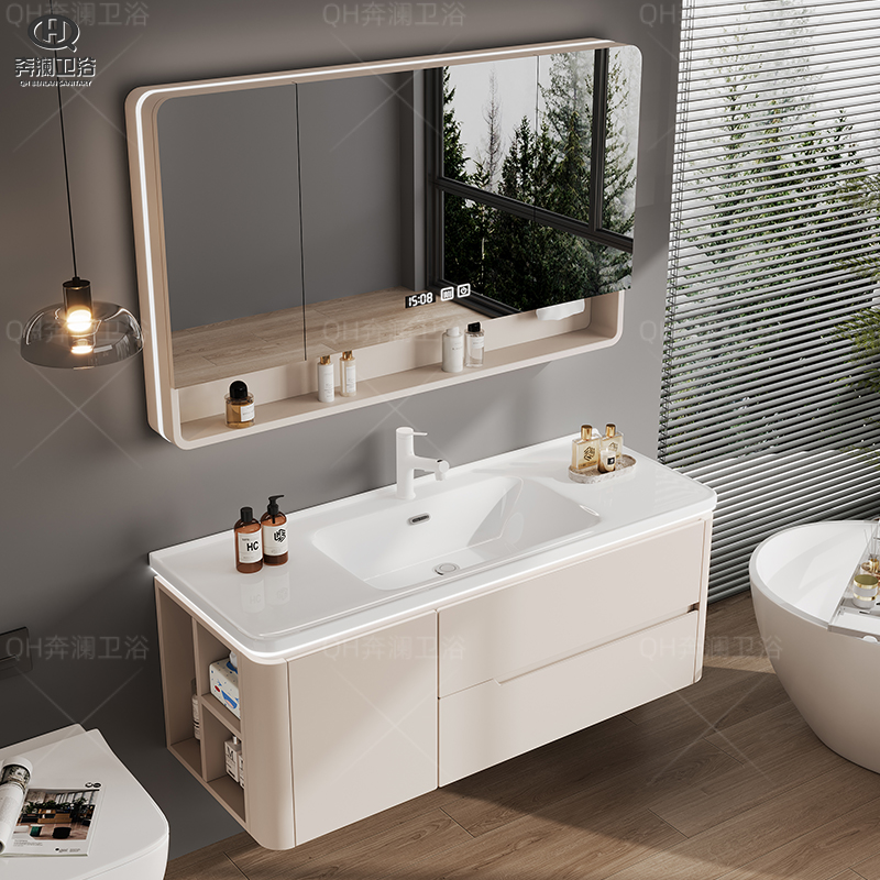【全橡胶木烤漆】奶油风浴室柜组合陶瓷一体盆洗手池洗漱台卫生间