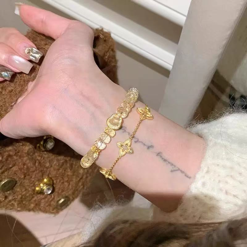 铜合金手链 四叶花手链中古拉丝女款轻奢小众设计高级感