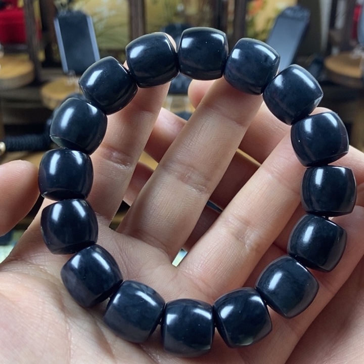 和田玉（墨玉）未镶嵌手串卡14直切