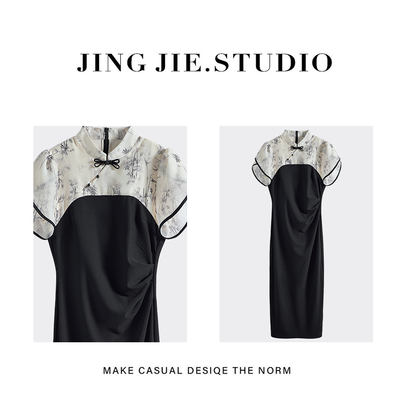 【连衣裙】JINGJIE STUDIO敬姐 夏款气质拼接国风收腰连衣裙 6807
