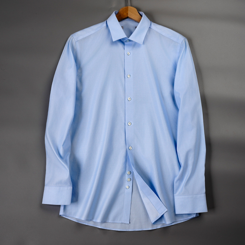 蓝色(平纹)长袖100棉DP成衣免烫长袖衬衣四季百搭商务剪标衬衣