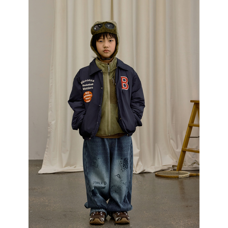 儿童冬季新款夹棉字母刺绣美式棒球夹克男童加厚户外保暖外套