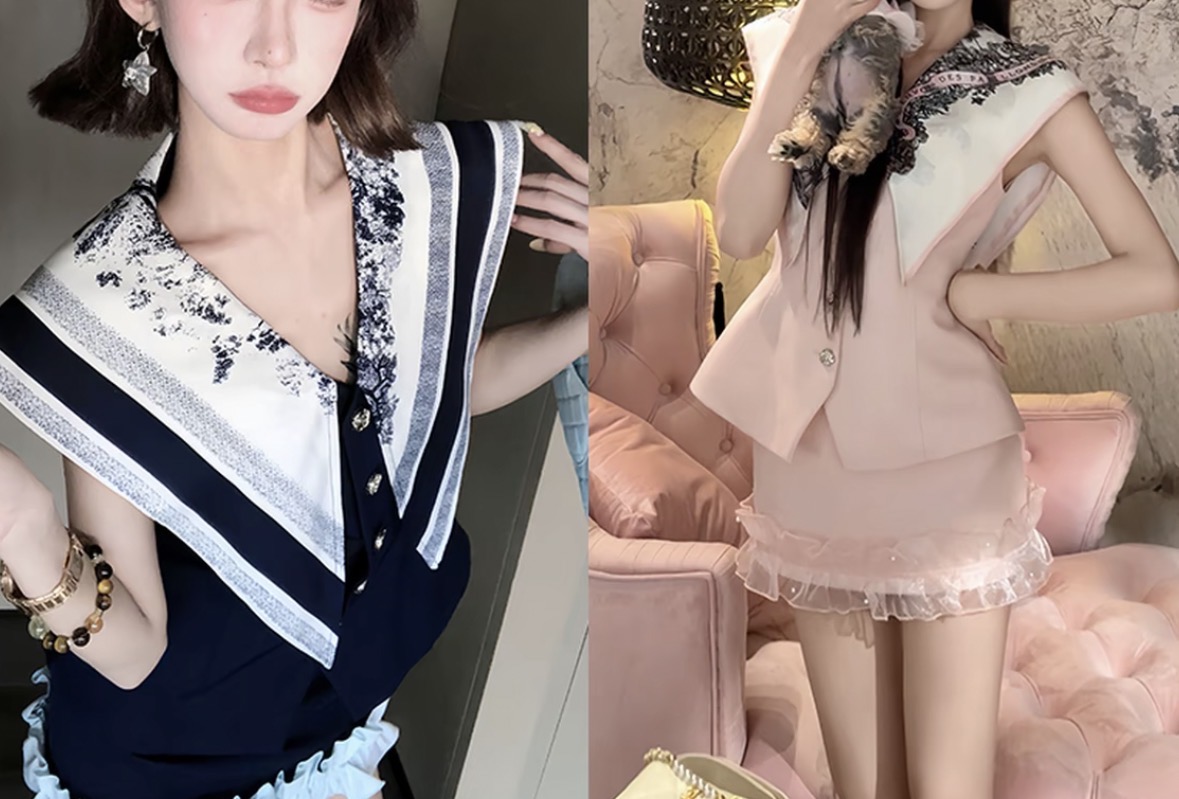 【曼特学院】夏季女轻奢时尚翻领拼接上衣+短裙两件套套装060831