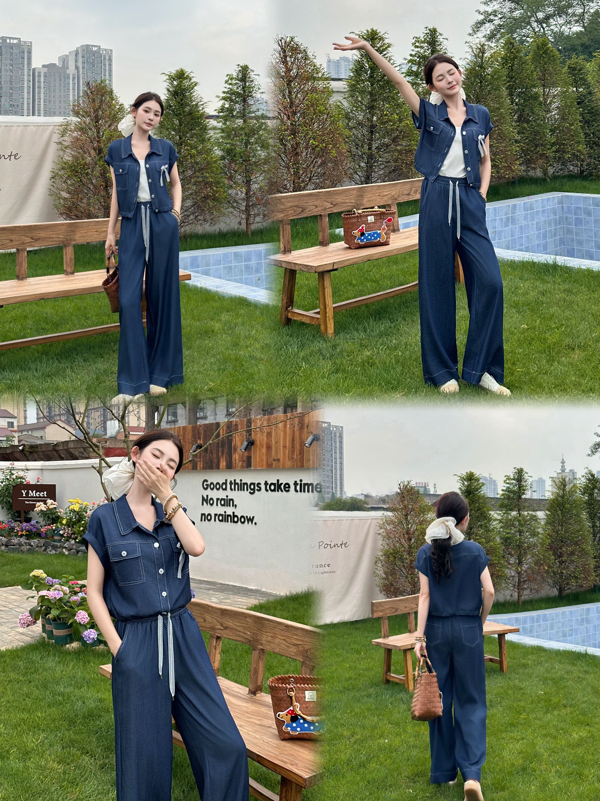 525【衣长48裤长98】休闲牛仔套装女显瘦减龄时尚短袖牛仔阔腿裤