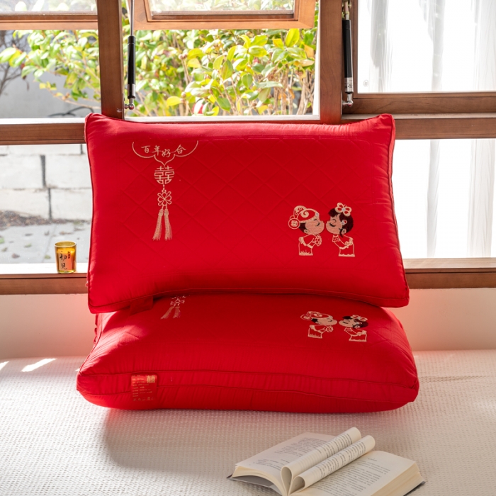 纯棉婚庆四件套枕芯正红刺绣