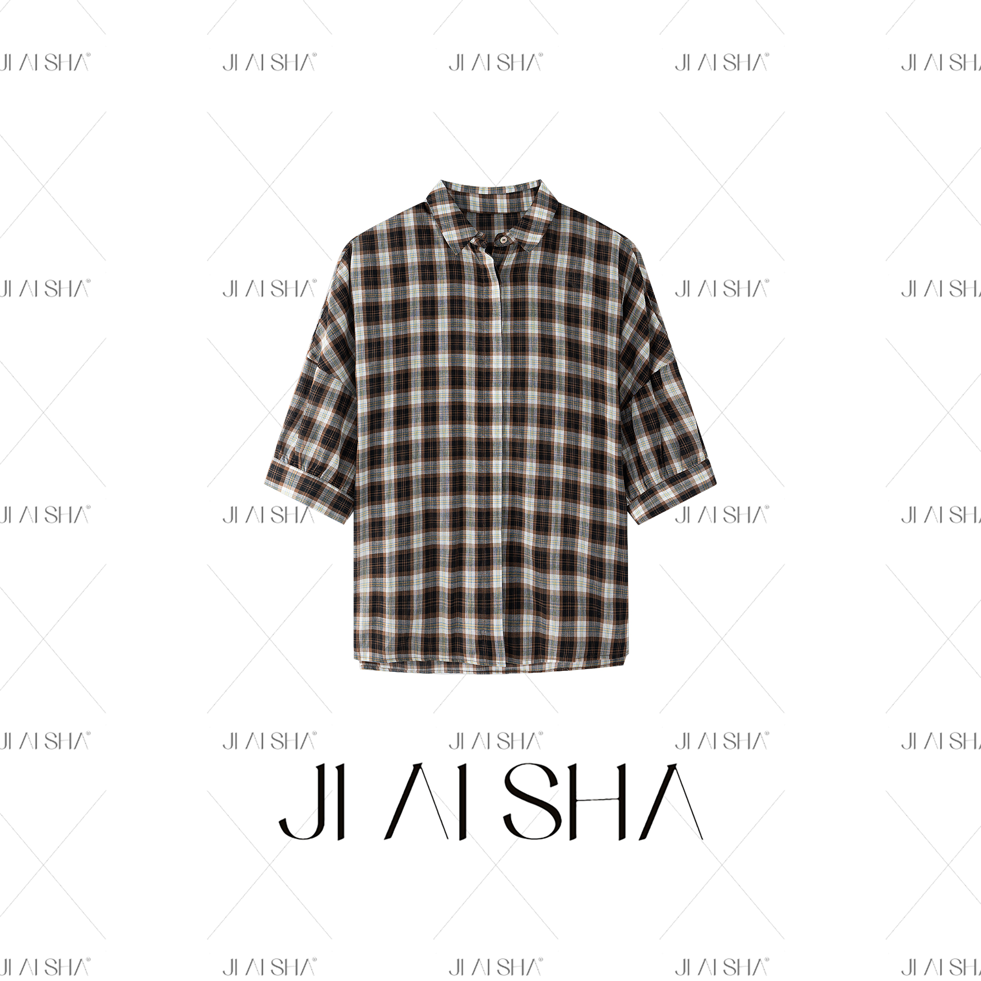 JAS 今屿 夏季薄款文艺风咖色格子翻领休闲长袖衬衫 JY252x10007a