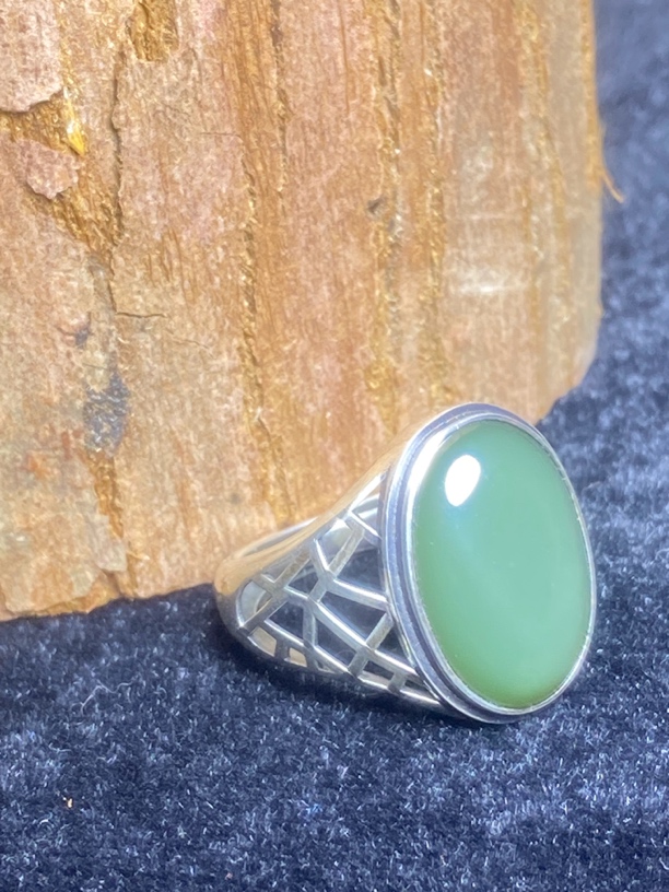 和田玉碧玉蛋面男款开口戒指