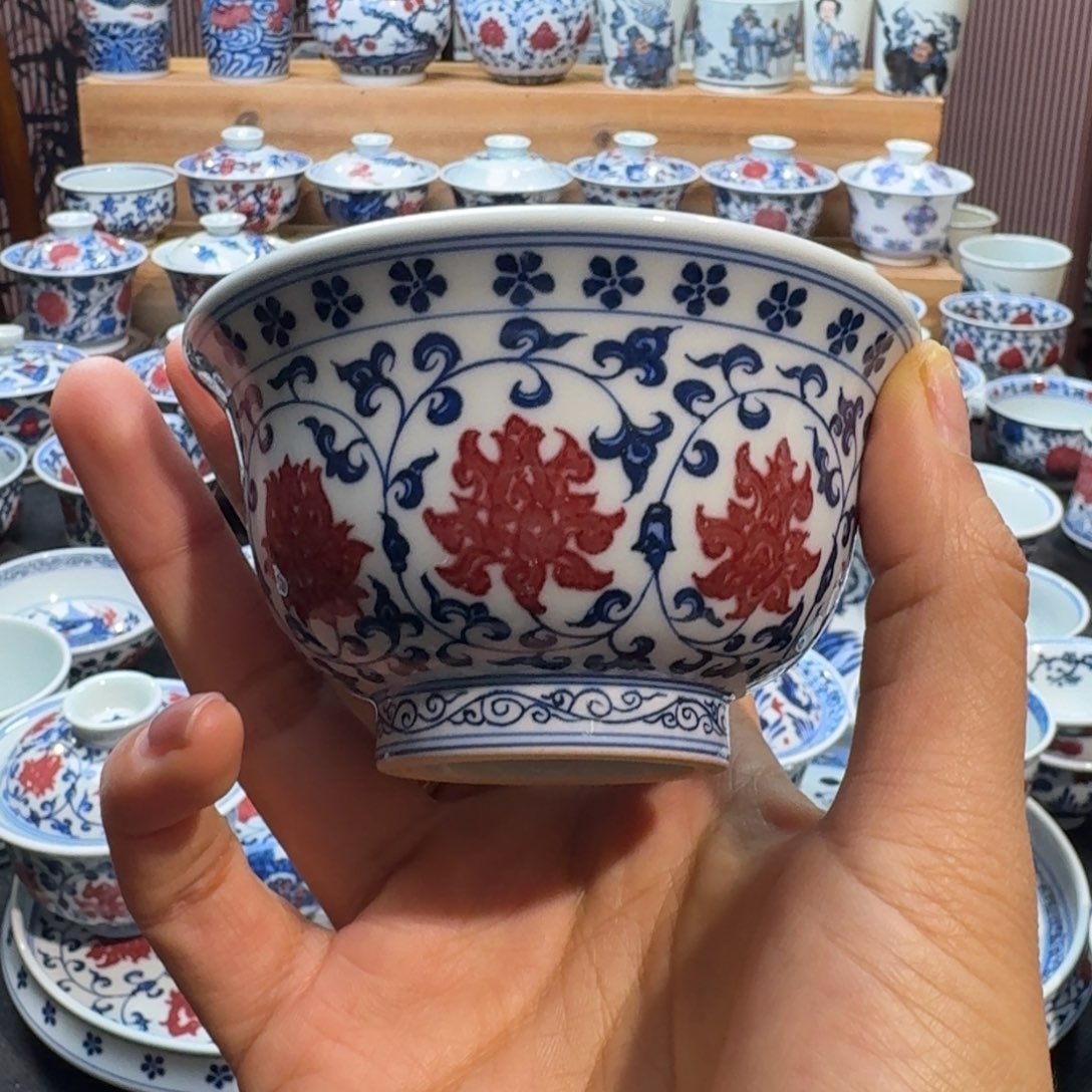 微瑕釉里红压手杯原矿杯子