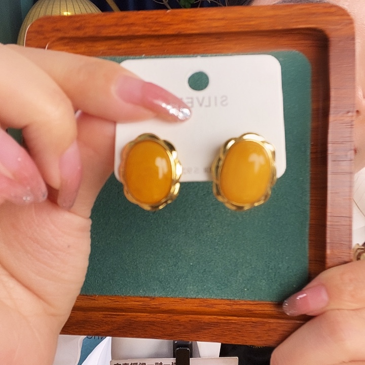 蜜蜡银S925镶嵌耳饰耳钉