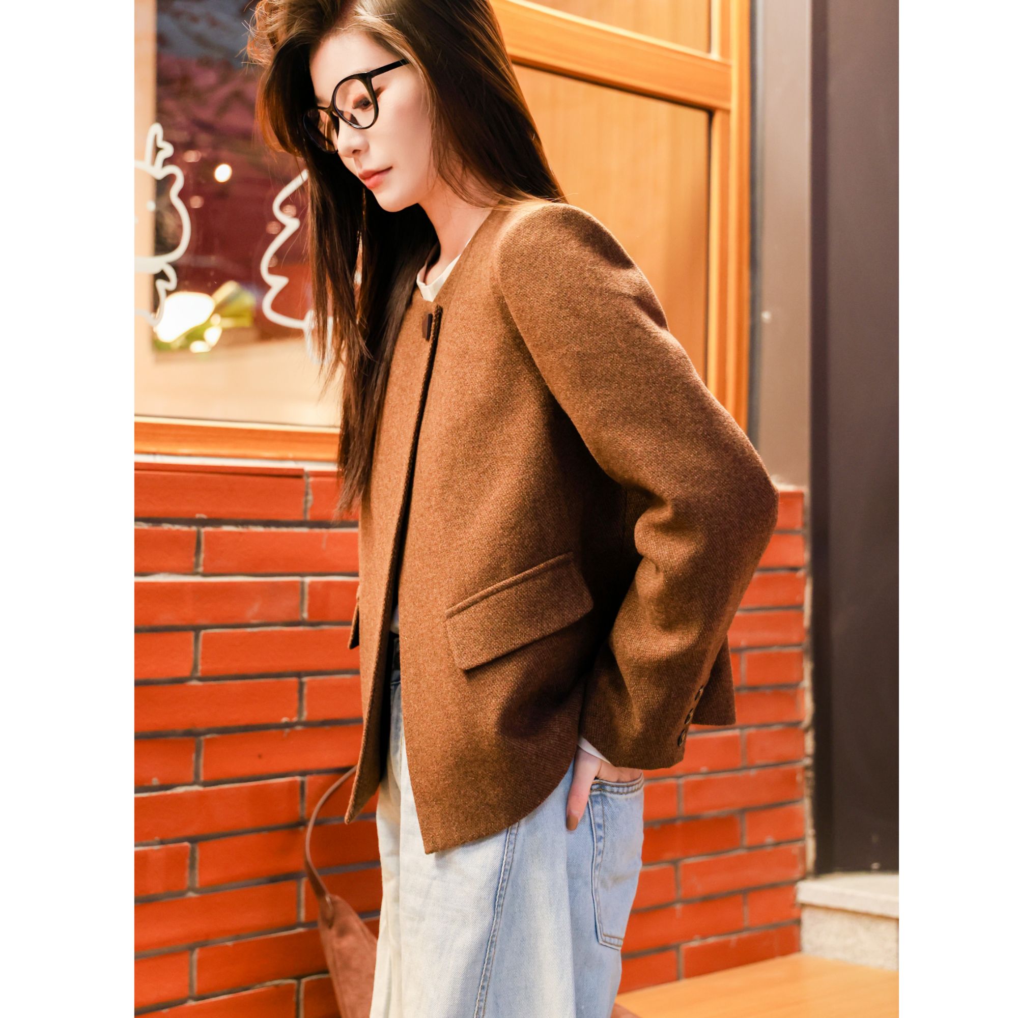 【SS】小香风短款单粒扣时尚休闲简约羊毛羽绒外套#X82007