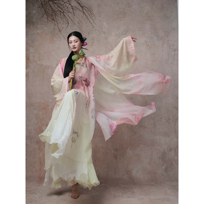 WYZ盖盖【莲灵】古风爵士中国舞纱衣粉黄渐变宽袖高级大摆纱衣