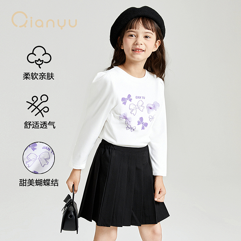 笛莎旗下千与童装女童长袖t恤春秋甜美蝴蝶结百搭上衣-Q32530602