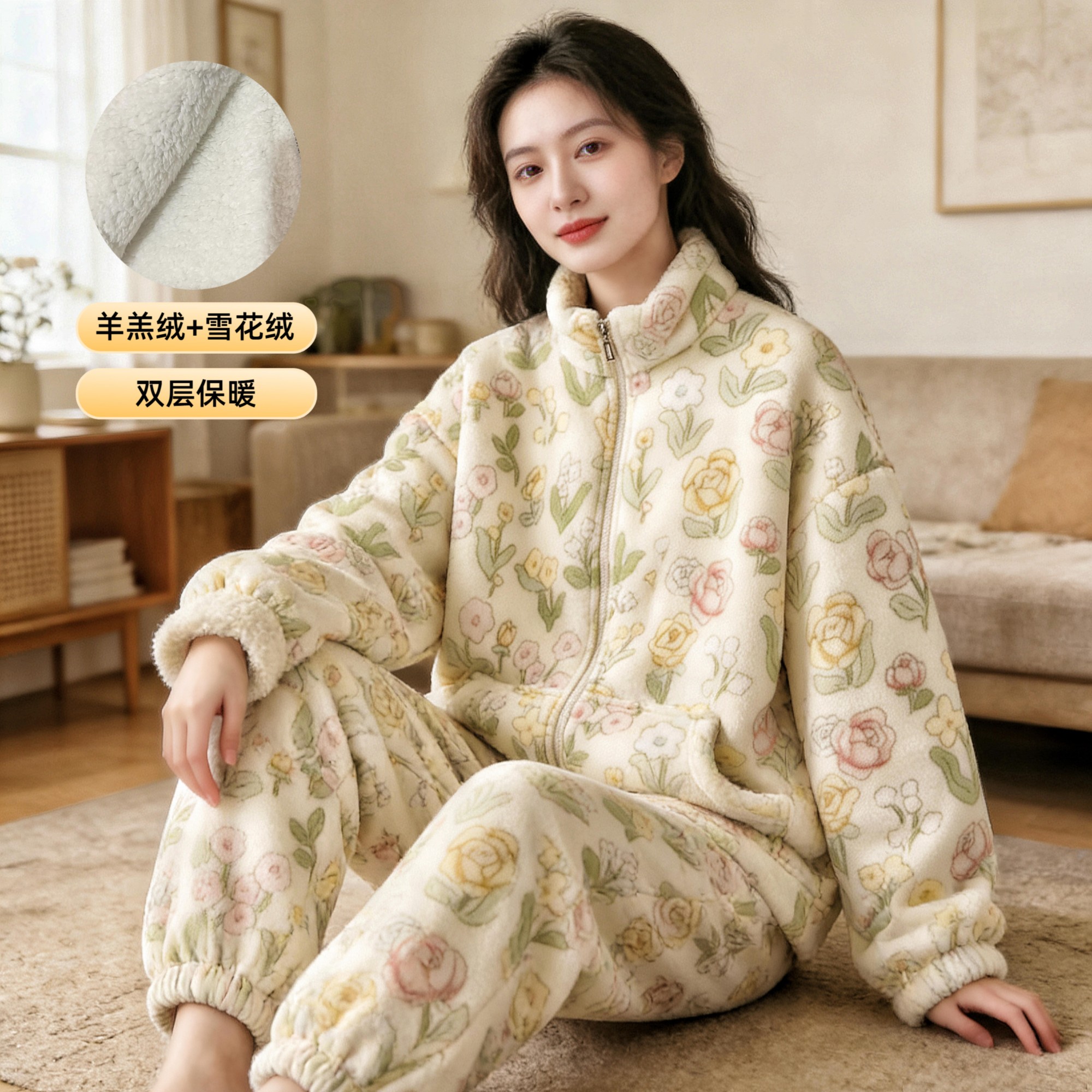【羊羔绒+牛奶绒】双层加厚加绒睡衣女套装秋冬季时尚家居服可外穿