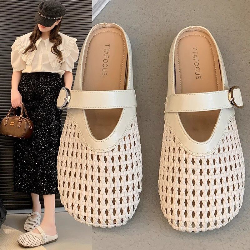 新款夏季镂空网格凉拖鞋女一字拖透气外出半拖鞋洞洞包头女鞋