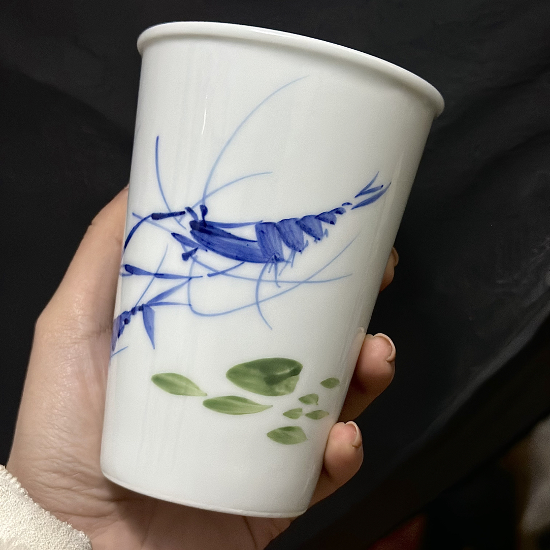 玲珑瓷可乐杯大容量茶杯高温釉下彩纯手绘虾趣陶瓷水杯家用手工