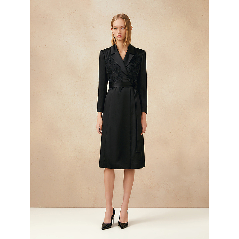 Song of Song歌中歌气质长袖女士黑色收腰中长款大衣5C35107520