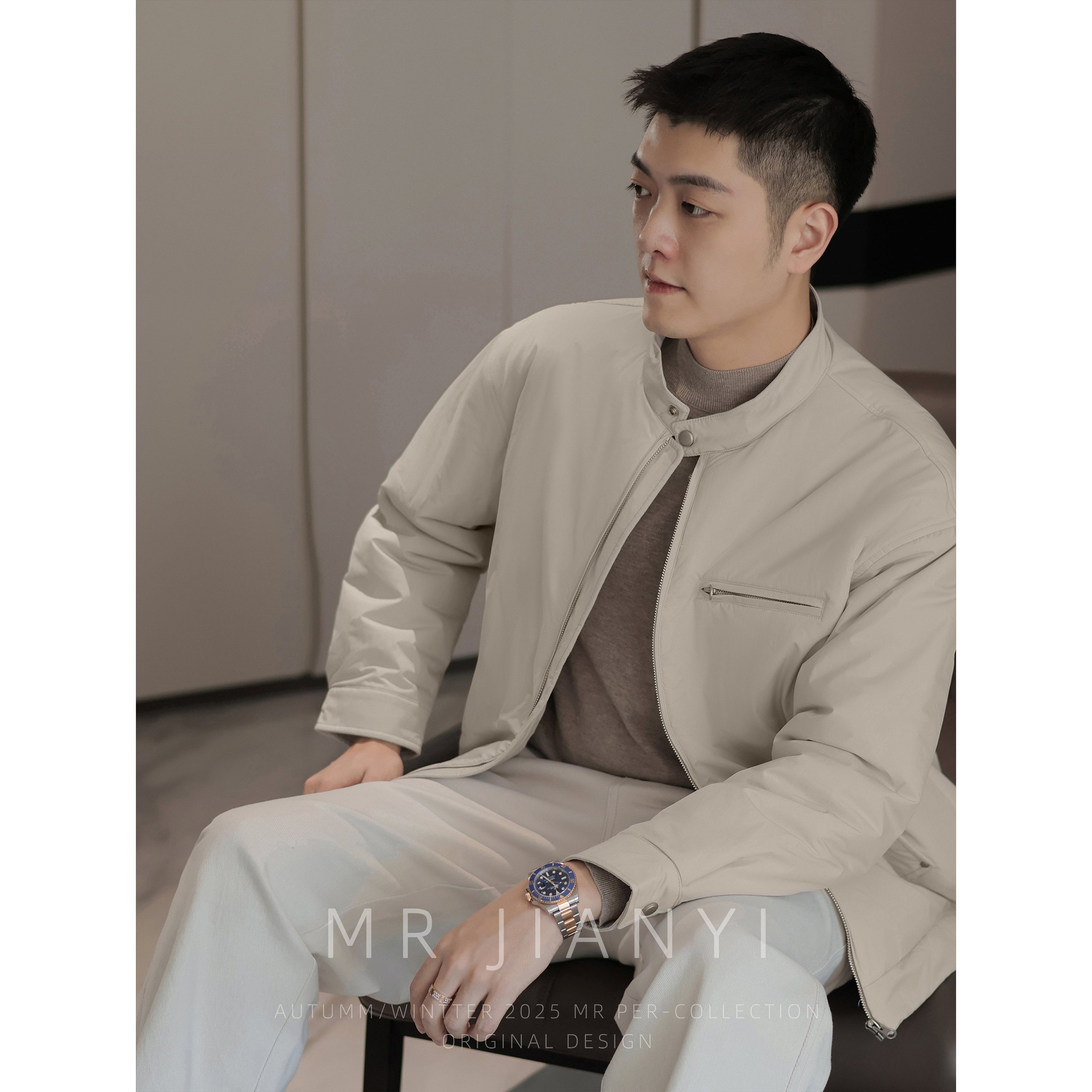MR JIANYI 冬季轻量化防泼水立领棉服夹克飞行员休闲薄款外套男装