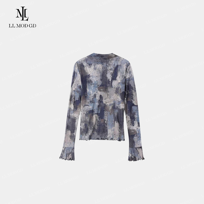 海洋馆 时尚牛仔色晕染波浪边网纱长袖T恤防晒打底上衣YL-261170