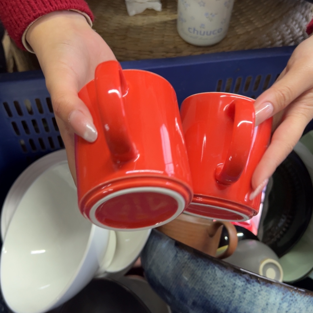 新骨瓷203瑕疵慎拍 大红马克杯 2只装