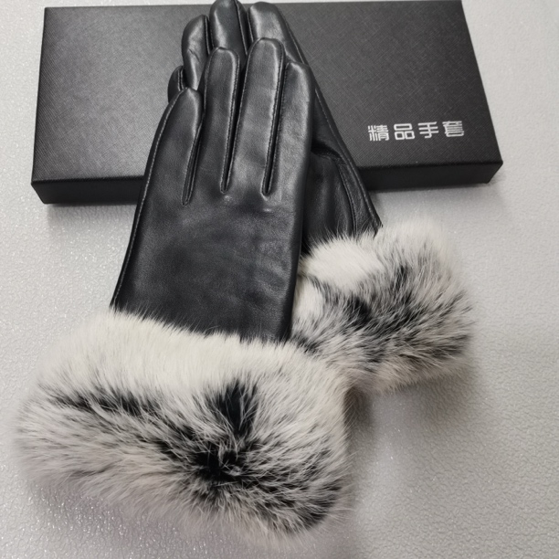 女士真皮真毛真皮绵羊皮可触屏手套