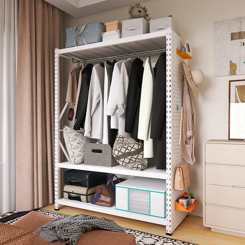 峰阳白色货架衣架家用卧室出租房金属开放式落地洞洞板挂衣架