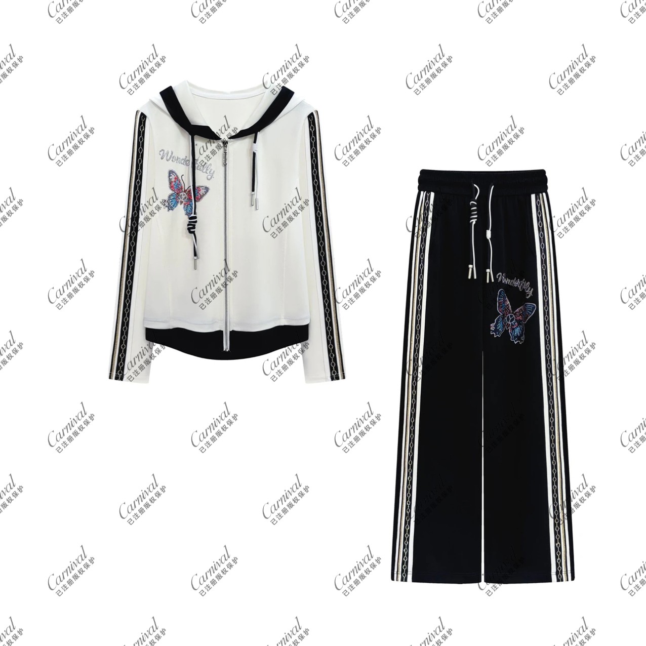 新款百搭重工蝴蝶设计休闲连帽拉链宽松休闲运动衣服套装9907#