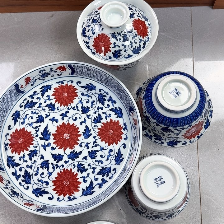 瓷片釉里红缠枝莲5件套景德镇