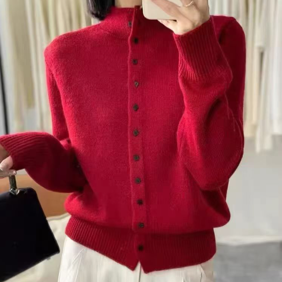 女士多扣半高领宽松针织开衫百搭毛衣