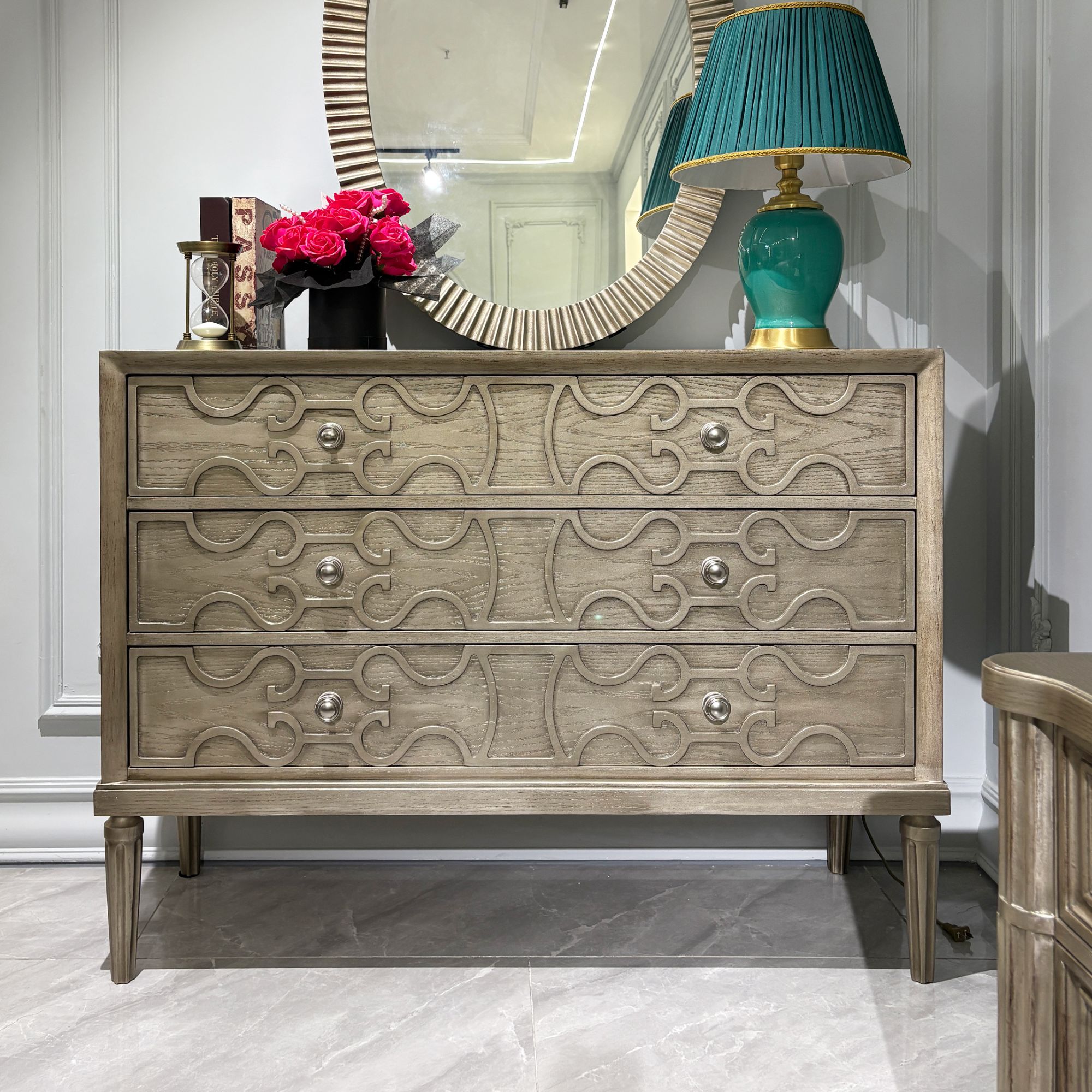 美式轻奢莫里印象北美进口白蜡木烟灰色做旧装饰柜雕花储物柜