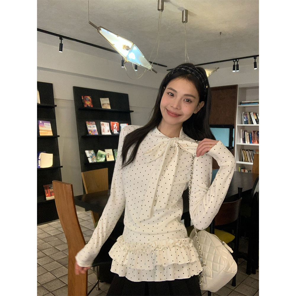黑波点绑带花边内搭女叠穿设计感韩系修身长袖加绒t恤上衣23772#