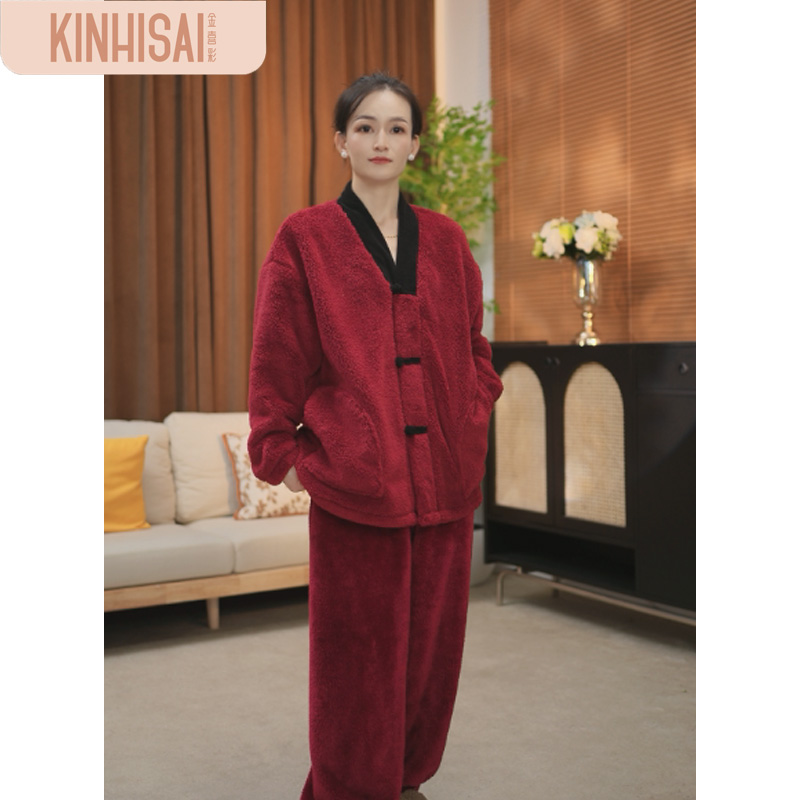 【特厚】睡衣秋冬季加绒加厚长袖保暖新中式家居服套装可外穿舒美绒